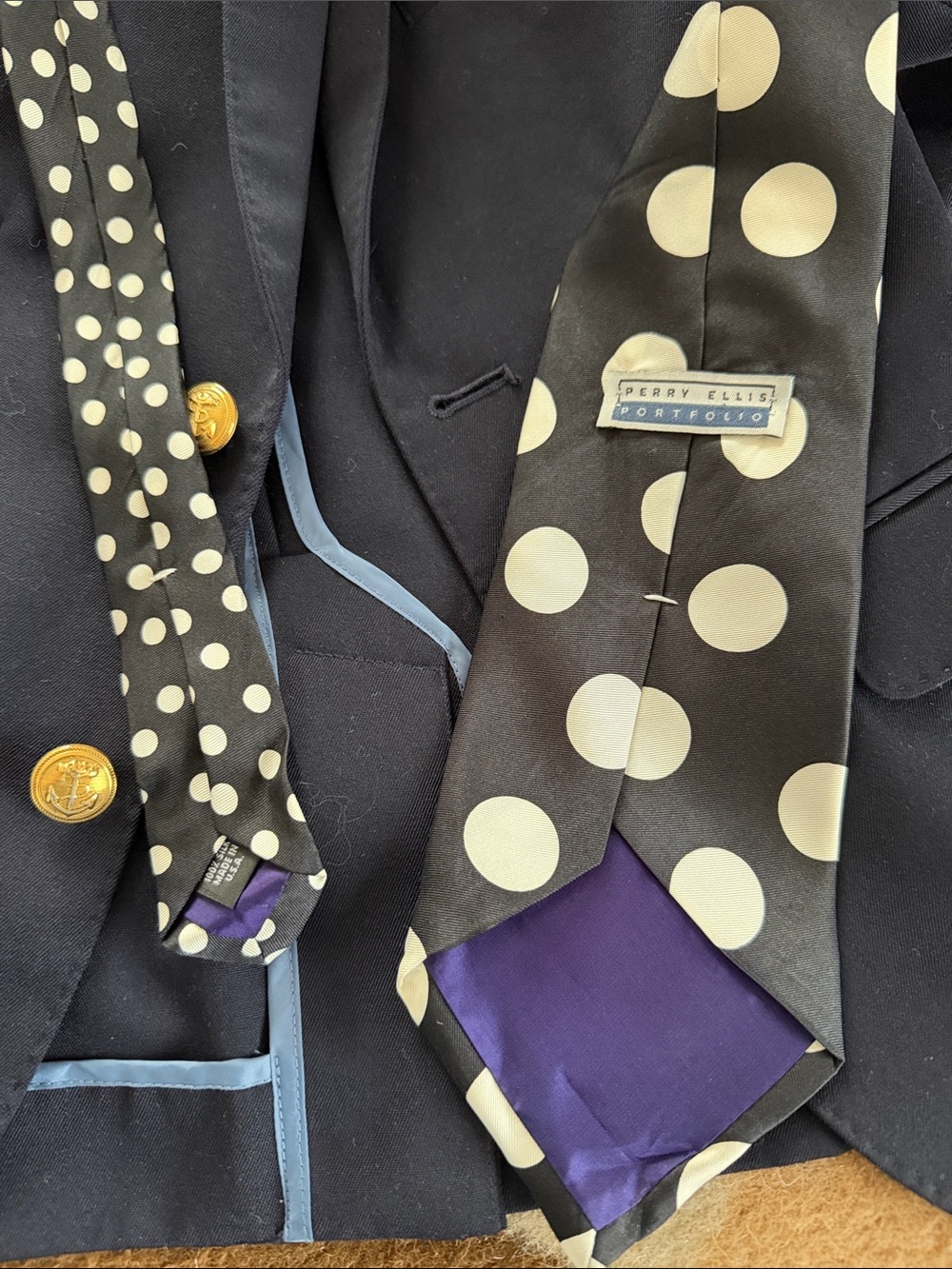 Perry Ellis Black Tie with Large Cream Polka Dots necktie
